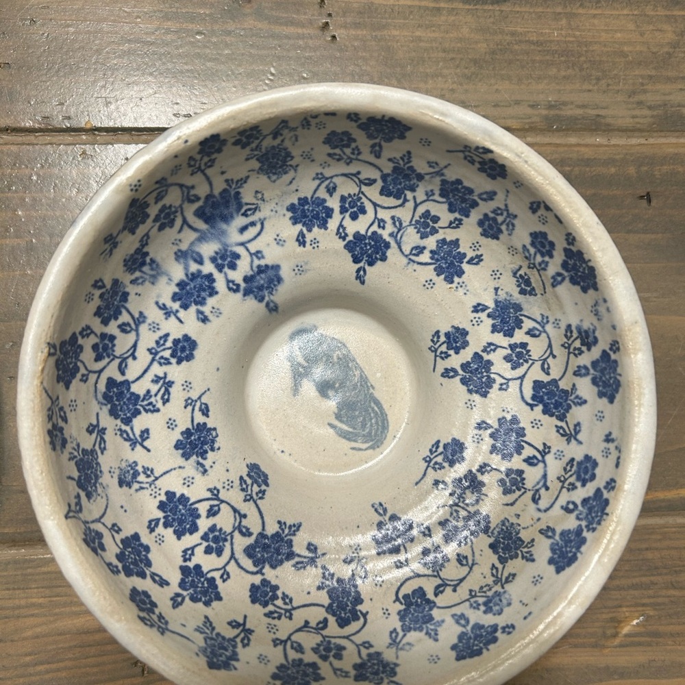 French country small pottery bowl, blue & white